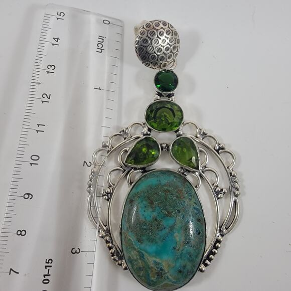 Handmade Silver Pendant with Turquoise and Green Peridot Gems - Picture 3 of 9